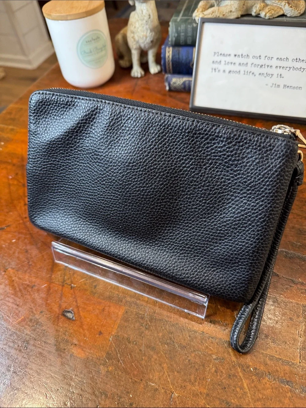 Coach Black Pebbled Leather Wristlet Pouch with Gold Hardware - Picture 2 of 9